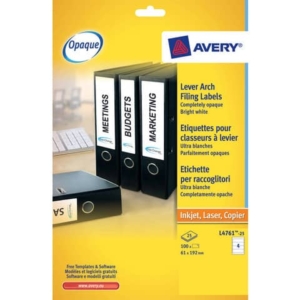 Etichette bianche per raccoglitori Avery Ultragrip? 61x192 mm - 4 et/foglio - stampanti laser - Conf 25 fogli L4761-25