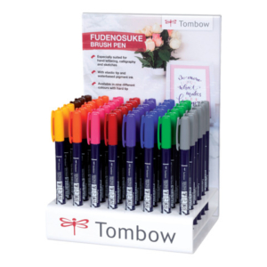 Espositore 48 marker calligrafico Tombow Fudenosuke Fluo punta brush - 6 colori assortiti fluo - PWS-BH-48P-2-A