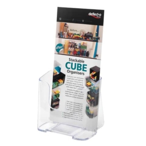 Portastampati da banco deflecto® 1/3 di A4 in polistirene con foro per ancoraggio a parete trasparente - 77501