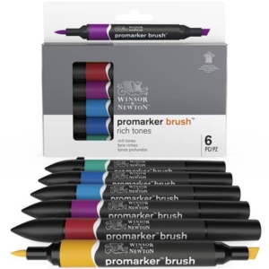 Pennarelli Winsor&Newton Promarker Brush doppia punta scalpello-pennello - conf. 6 pz colori forti assortiti - 0290126