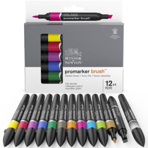 Pennarelli Winsor&Newton Promarker Brush doppia punta scalpello-pennello - conf. 12 colori vivaci + 1 blender - 0290145