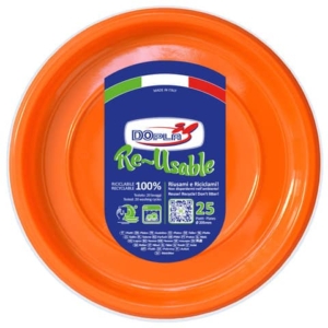 Piatti fondi arancioni in polistirene h.32 mm conf. 25 pz Dopla Reusable Ø 205 mm - 11826
