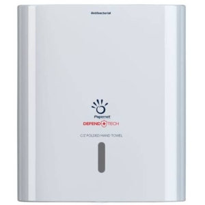 Dispenser antibatterico con adattatore Papernet Defend Tech per asciugamani piegati a C e Z bianco - 33,6x30x14,5 cm