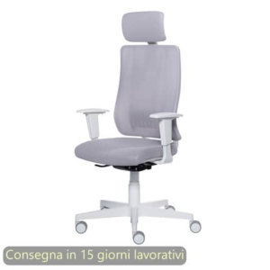 Poltrona semi-direzionale Liberty Syncro Seditaly scocca bianca tessuto ignifugo con poggiatesta grigio chiaro