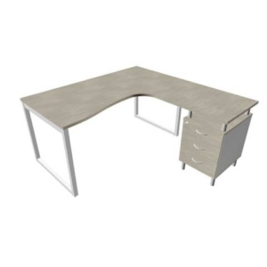 Scrivania con cassettiera a destra piano cemento 160x165xH.75 cm gamba ad anello acciaio argento PractikaP2 ECSAT17D-CL-A