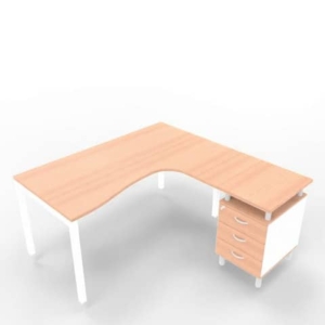 Scrivania con cassettiera a destra piano noce canaletto 160x165xH.75 cm gamba a ponte in acciaio bianco Practika P3