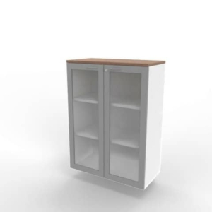 Armadio medio ante vetro telaio MDF, top noce canaletto scocca bianca 90x45xH.123,2 cm - ECEM90T-NO-BA-V3