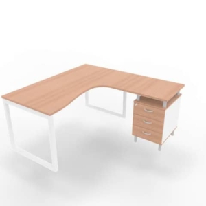 Scrivania con cassettiera a destra piano noce canaletto 160x165xH.75 cm gamba ad anello acciaio bianco Practika P2