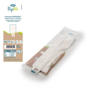 Set 2 posate bianche coltello + forchetta con tovagliolo in PLA BIO - IlipBio conf. da 250 pezzi - 81003