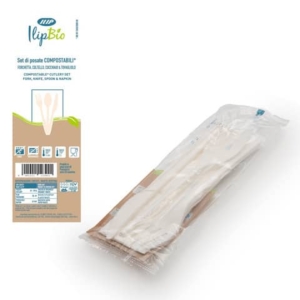 Conf. 200 set da 3 posate bianche coltello + forchetta + cucchiaio con tovagliolo in PLA BIO IlipBio 81004