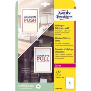 Adesivi per finestre Avery in carta con pellicola plastificatrice in conf. da 10 pz 210x297 mm - L9001-10