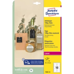 Cartellini micro-perforati Avery ultraresistenti in plastica da 190µ rettangolari in conf. da 100 pz T3002-10