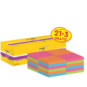 Foglietti Post-it® Super Sticky 76x76 mm colori assortiti neon Value Pack 21+3 blocchetti GRATIS - 654-P24SSCOL-EU