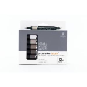 Pennarelli Winsor&Newton Promarker Brush doppia punta scalpello-pennello - conf. 12 colori grigi + 1 blender - 0290144