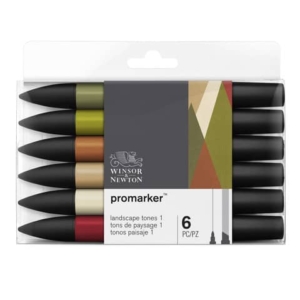 Pennarelli Winsor&Newton Promarker doppia punta fine-larga - colori landscape - conf. 6 pezzi - 0290117