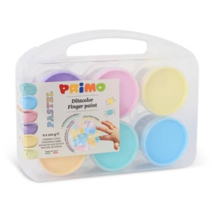 Tempera a dita Primo 100 g - valigetta 6 colori assortiti pastello in vasetti in polipropilene - 2212TD6PAST