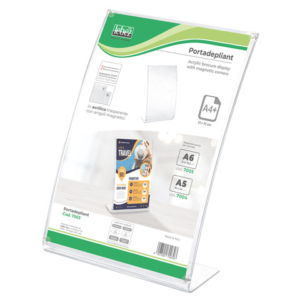 Portadepliant in acrilico con base a L - angoli magnetici Lebez A4 - verticale - trasparente - 7003