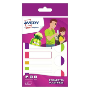 Etichette Avery plastificabili resistenti per materiale scolastico 3 formati - conf. 24 pz - colori fluo -