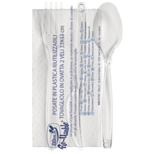 Set 3 posate trasparenti Dopla Reusable in PS con tovagliolo 33x33 cm - conf. 100 pz - 03944