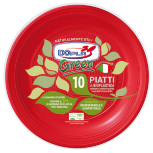 Piatti piani Dopla Green biodegradabili e compostabili - Ø 220 mm rosso - conf. 10 pz - 40048