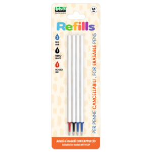 Conf. 12 blister da 4 refill inchiostro cancellabile Lebez blu, nero, rosso per penne 0,5 mm con cappuccio - 81808