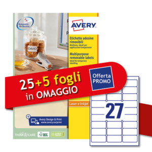 Etichette bianche rimovibili Avery laser/inkjet 27 et./foglio conf.25+5 ff OMAGGIO 63,5x29,6 mm - L4737REV-30P