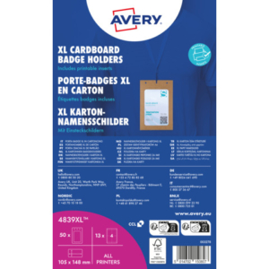 Porta badge Avery A6 in cartoncino certificato FSC® - inserti in carta inclusi - conf. 25 pz - 4839XL