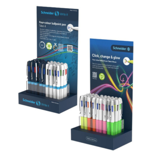 Espositore 72 articoli penne a sfera 4 colori Schneider Take 4 tratto M - colori fusto Neon + blu/bianco - P989014