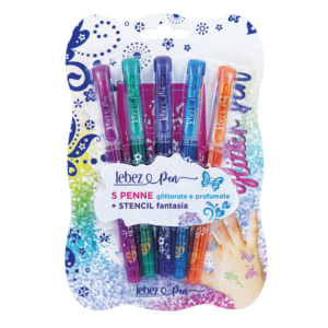 Penna gel glitter con cappuccio e inchiostro profumato + stencil Lebez - conf. 8 colori assortiti - 5320
