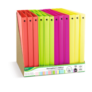 Espositore 24 raccoglitori 4 anelli Lebez in PP - A4 Ø 15 mm - colori neon assortiti - 80979