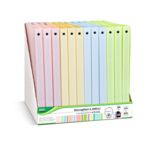 Espositore 24 raccoglitori 4 anelli Lebez in PP - A4 Ø 15 mm - colori pastello assortiti - 80981