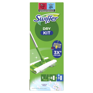 Starter Kit catturapolvere Swiffer Dry verde - scopa + 8 panni DRY + 3 panni WET - conf. 12 pz - PG264