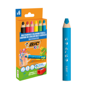 Matite colorate BIC Kids Multisurface con fusto triangolare in conf. 6 pezzi assortiti + temperamatite - 515220