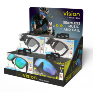 Espositore 8 occhiali da sole NU Vision by Music Hero con auricolari wireless e microfono modelli assortiti