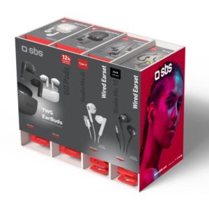 Espositore 24 auricolari SBS con filo e wireless assortiti bianco e nero EXPO-AUDIOWALL+