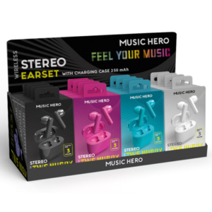Espositore 16 auricolari wireless TWS Music Hero Nubox semi in-ear colori assortiti - EXPO-MHTWSPK+