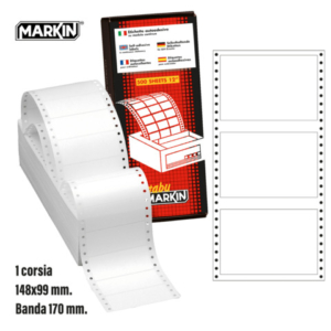 Etichette autoadesive bianche permanenti a modulo continuo 1 corsia Markin 1.500 etichette - 148x99 mm - conf. 500 fogli