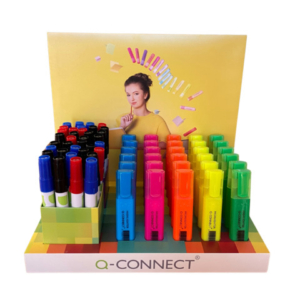 Non rinunciare alla qualità Q-Connect! Un nuovo espositore di evidenziatori e marcatori per essere sempre forniti con i migliori prodotti di scrittura. 150 evidenziatori e 80 marcatori per un totale di 230 prodotti pronti da esporre in un display da banco colorato. Codice struttura + contenuto. Assortimento nel dettaglio: evidenziatori Q-Connect 1,5-5 mm nei colori arancione, blu, giallo, rosa e verde; marcatori permanenti Q-Connect con fusto in metallo e punta conica da 4 mm nei colori nero, rosso, blu e verde.