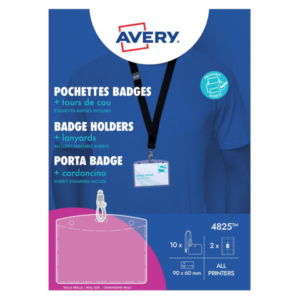 Kit porta badge trasparente 60x90 mm + 10 cordoncini neri con gancio + 16 inserti microperforati stampabili Avery