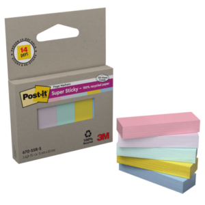 Segnapagina Post-it® Super Sticky in carta riciclata 15x50 mm - colori assortiti - conf. 5 index/70 ff