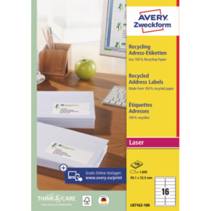 Etichette in carta riciclata bianca per buste e pacchi Avery 99,1x33,9 mm -16 et/foglio - Laser cf. 100 ff LR7162-100