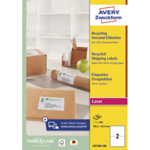 Etichette in carta riciclata bianca per buste e pacchi Avery 199,6x143,5 mm - 2 et/foglio - Laser cf. 100 ff  LR7168-100