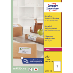 Etichette in carta riciclata bianca per buste e pacchi Avery 199,6x289,1 mm 1 et/foglio - Laser cf. 100 ff LR7167-100