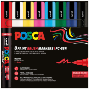 Marcatore a tempera Uni Posca con punta a pennello semi-flessibile 1-4 mm in conf. da 8 colori assortiti - M PC5BR 8P