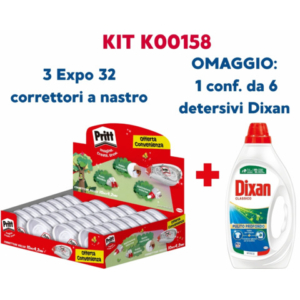 Kit composto da 3 espositori da 32 correttori roller Pritt Compact Flex. In omaggio all'acquisto è compresa una confezione da 6 detersivi liquidi per bucato Dixan Classico 19 lavaggi. Grazie alla sua forma ergonomica. La correzione bidirezionale consente di applicare il prodotto in una direzione per cancellare una frase intera e in quella opposta per rimuovere solo una lettera. È dotato di un cappuccio protettivo e di una punta flessibile, che permette applicazioni precise e correzioni pulite riducendo notevolmente il rischio di rottura del nastro. Il correttore è realizzato per il 50% con plastica riciclata ed è riciclabile al 100%. Lunghezza nastro: 10 m. Larghezza: 4,2 mm.