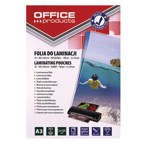 Pouches per plastificatrici Office Products 2×125 µm finitura lucida A3 – conf. 100 pezzi – 20325635-90