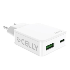 Caricatore da parete ultra slim Celly GaN 1x USB-C 45W 1x USB-A 18W bianco SLIMTC1C1A45WWH