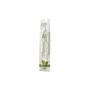 Set forchetta, coltello e tovagliolo in CPLA biodegradabile e compostabile Leone bianco - conf. 250 pz - Q2048.S